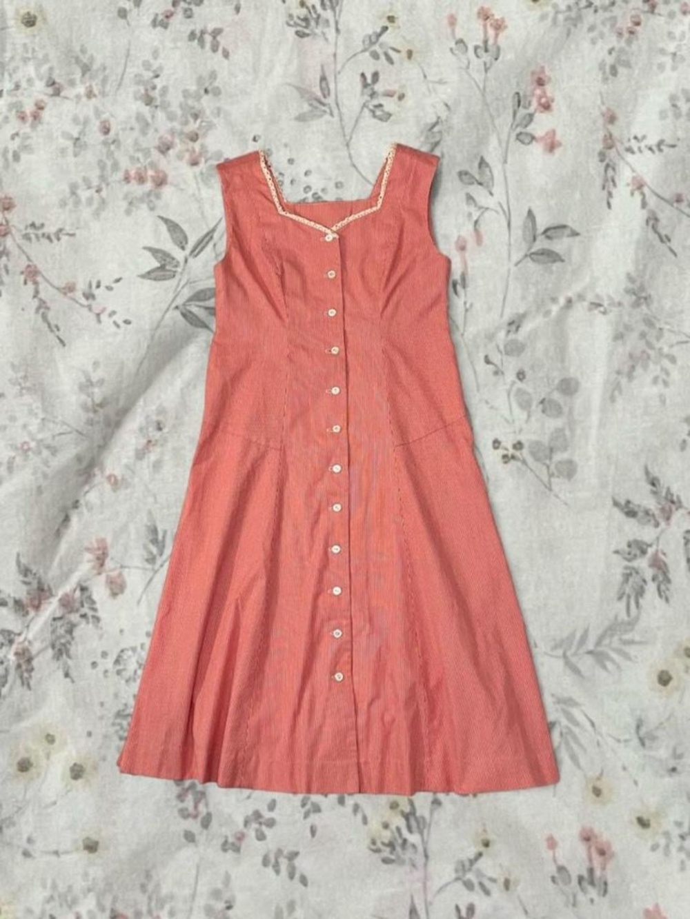 Vintage 50s Day Dress Drop Waist Sweetheart Neckline Lace Button Up Red Striped - Picture 2 of 8